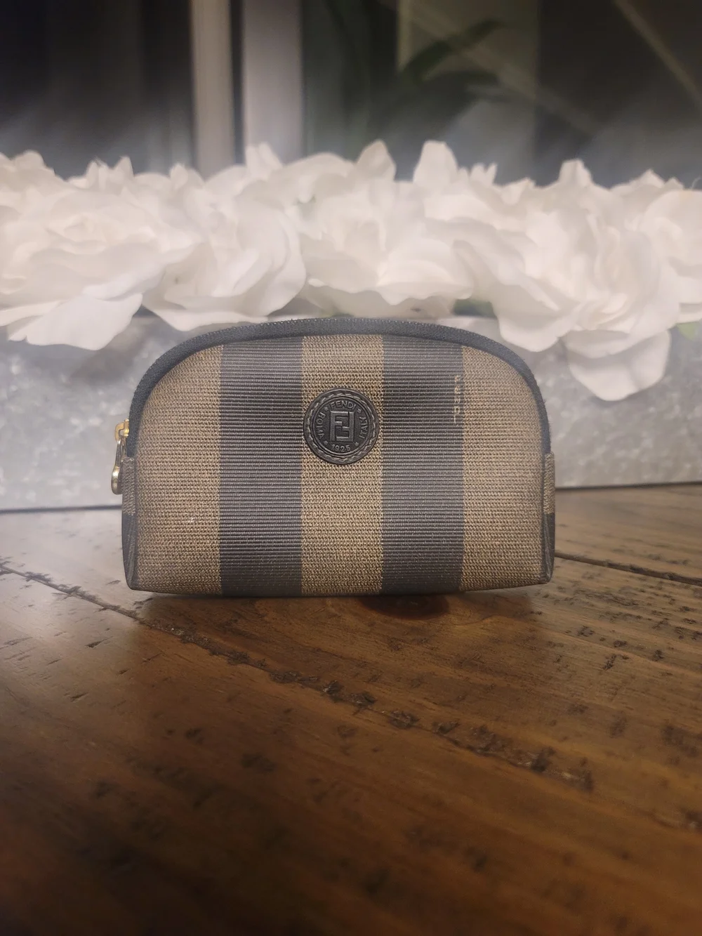 Fendi Vintage Pequin PVC Brown Pouch **Authentic